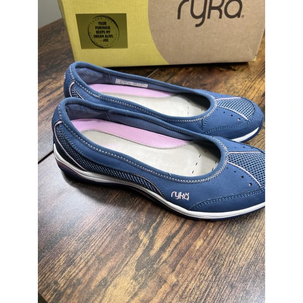 Ryka Tensile Slip On Blue Leather Fabric‎ Athletic Ballet Flats Womens Size 8.5